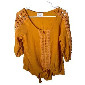 Fyve Blouse Women's Small Mustard Keyhole Strappy Sleeve Tie Lace Boho Top